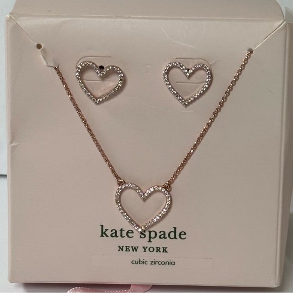Kate Spade Rose Gold Pavé Open Heart Necklace & Stud Earrings Set NWT - Picture 2 of 6